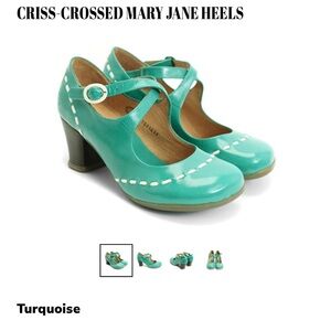 John Fluevog Operetta Maliban Olive Green Criss-Crossed Mary Jane Heels